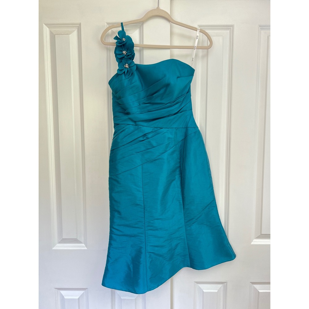 Turquoise One Shoulder Floral Strap Ruched Taffeta Cocktail Dress NWT Size 4
